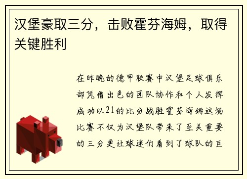 汉堡豪取三分，击败霍芬海姆，取得关键胜利