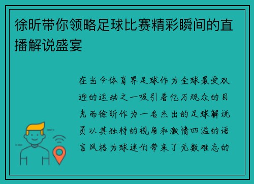 徐昕带你领略足球比赛精彩瞬间的直播解说盛宴